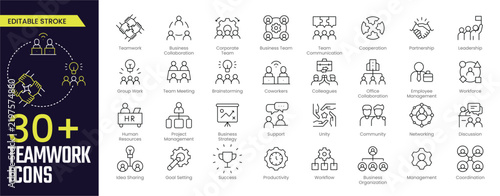 Teamwork Stroke icon collections. Containing Teamwork, Collaboration, Team, Business Team, Team Communication, Cooperation, and Partnership icons. Editable Stroke icon collection Outline icon