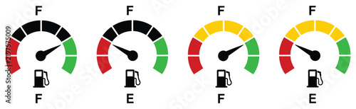 Fuel gauge vector icon set featuring full and empty gas meter indicators with colored levels for automotive dashboard, energy, and transportation design.