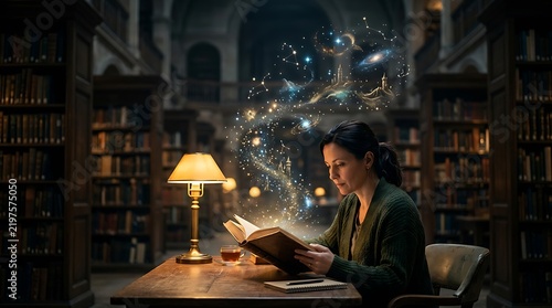 Young woman reading a magical glowing book in a dark vintage library