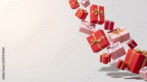 Falling red and pink gift boxes with ribbons on a light background  