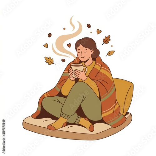 Woman wrapped in blanket drinking hot coffee in autumn