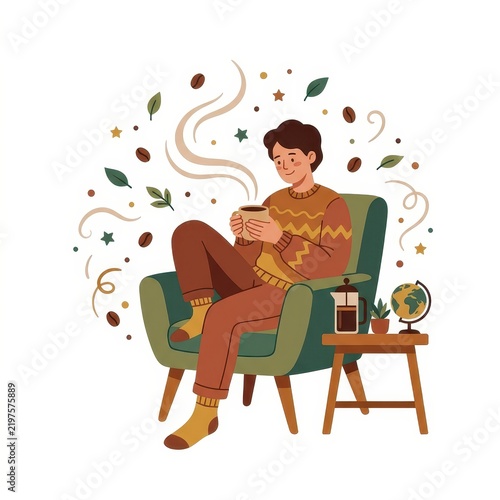 Man drinking coffee in armchair on transparent background