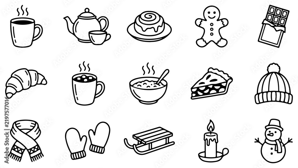 Fototapeta premium Set of hand drawn winter and holiday icons for cozy season design
