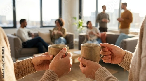Two people holding steaming mugs of coffee or tea during a social gathering in a bright living room