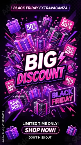 Black Friday extravagance big discount promotional poster with neon purple gift boxes and tags