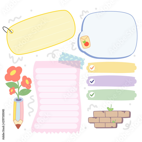 Kawaii Flower Pencil Journaling Set, Cute Checklist and Memo Frames Vector