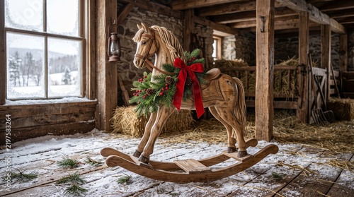 Vintage wooden rocking horse decorated with Christmas wreath in barn