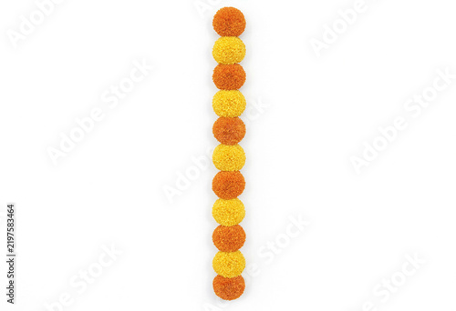 A vertical string of alternating orange and yellow marigold flowers arranged in a straight line isolated on white background