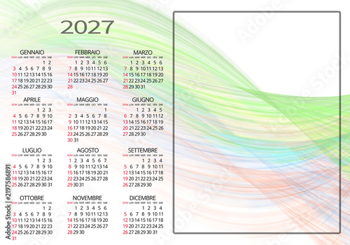 2027 annual calendar in Italian with a horizontal layout, abstract colored waves, and space for custom content