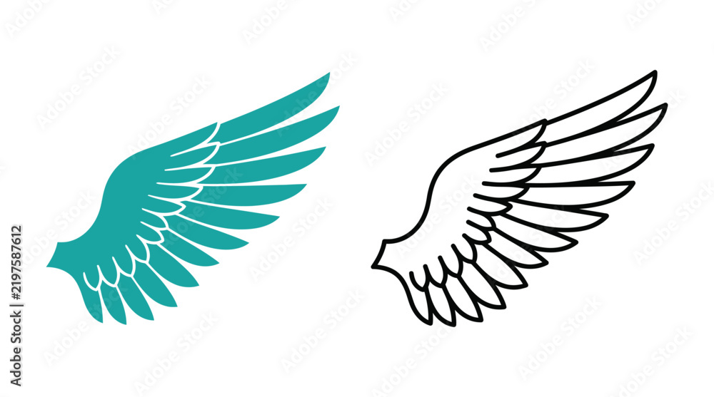 Obraz premium Two stylized bird wings one teal and one black outline on white