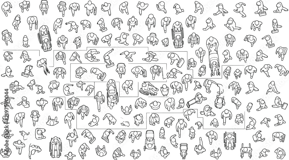 Fototapeta premium Top view crowd vector set of people silhouettes walking, standing and sitting, architectural staff in plan