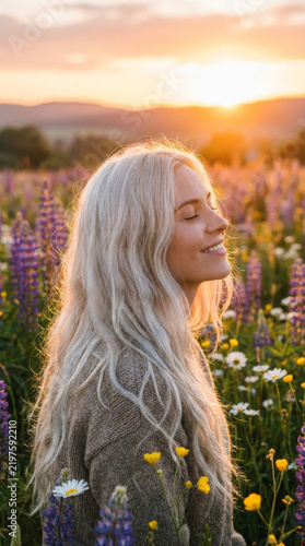 Woman smiles with closed eyes in a peaceful wildflower meadow. Sunset glows over distant mountains and spring blooms. Nature, joy, and wellness concept.