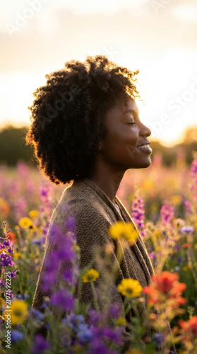 Black woman smiles while enjoying a peaceful moment in a wildflower meadow. Warm sunset light frames her natural curls and joyful profile. Outdoor wellness and freedom concept.