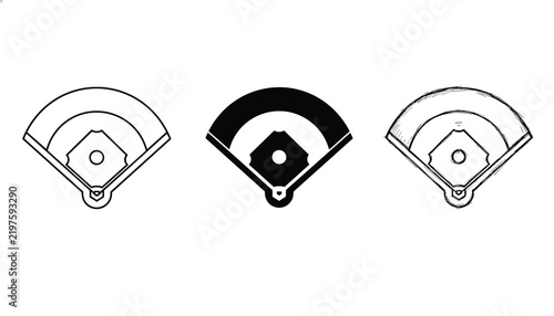 Baseball field diagrams displayed in outline, filled silhouette, and sketchy hand drawn vector styles.