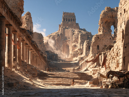 Sunlit ancient desert stone city ruins with towers, merchants, camels and stone colonnades.