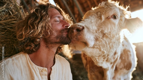Embracing Nature: Man Kissing Cow Amidst Sunset