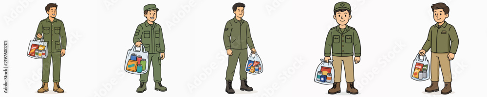 Obraz premium A set of vector illustrations showing a soldier carrying a transparent plastic bag filled with snacks and canned drinks.