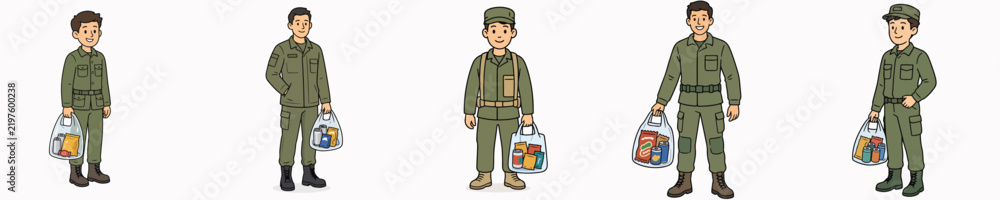 Fototapeta premium A set of vector illustrations showing a soldier carrying a transparent plastic bag filled with snacks and canned drinks.