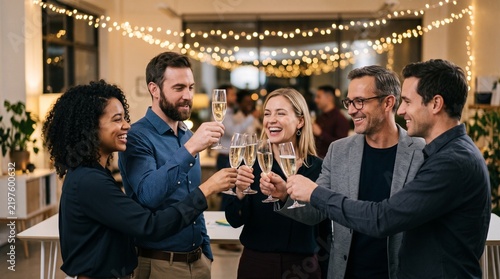 Diverse group of colleagues celebrating a success with champagne at an office party with string lights