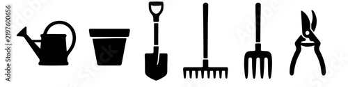Obraz na plátně Minimalist black garden tools icons set featuring watering can shovel rake fork