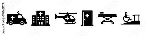 Minimalist black medical and emergency service icons set featuring vehicle and healthcare symbols
