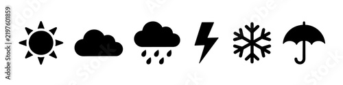 Minimalist weather icons set featuring sun cloud rain lightning snow and umbrella symbols
