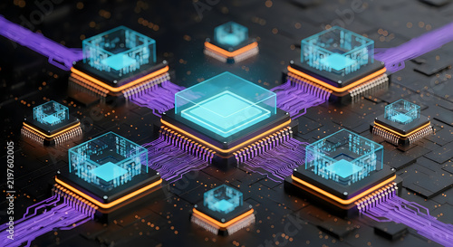 Obraz na płótnie Central processing unit connected to multiple microchips with glowing purple data transfer lines on board