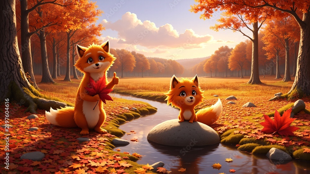 Obraz premium Cheerful Fox with Maple Leaf and Thumbs Up in Autumn Forest