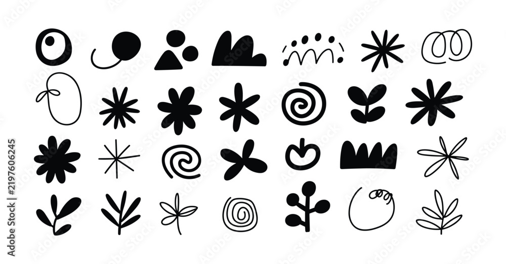 Obraz premium Set of hand-drawn abstract shapes, organic doodles, floral and geometric symbols in black ink on a white background