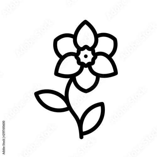 Minimal black outline flower with petals, curved stem and two leaves isolated on white background. Simple botanical line icon for nature, gardening, spring and floral design