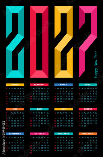 Colorful 2027 annual calendar with large geometric year numbers and twelve monthly grids on black background. Modern vertical calendar design for planning, scheduling and printing