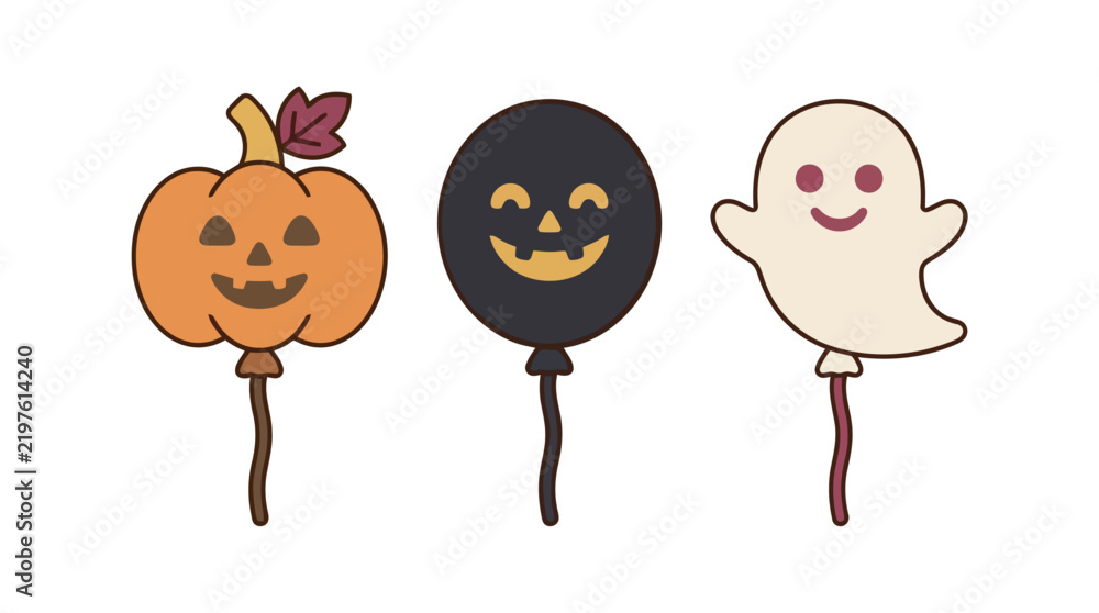 Fototapeta premium Vector illustration of Cute halloween pumpkin balloon black balloon and ghost balloon set for party decoration