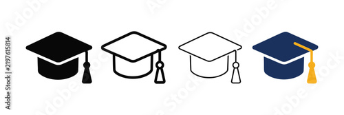 Graduation cap icon set featuring mortarboard academic hats in solid outline and color styles for education and university designs