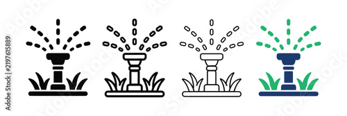 Lawn sprinkler icons set displaying water spraying in grass with various styles and colors