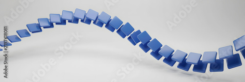 A wavy line of glossy blue square blocks floating in a serpentine pattern against a plain light gray background, 3d rendered abstract