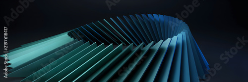 Abstract 3d curved structure with blue and teal gradient panels arranged in a flowing wave pattern against a dark background, minimalist