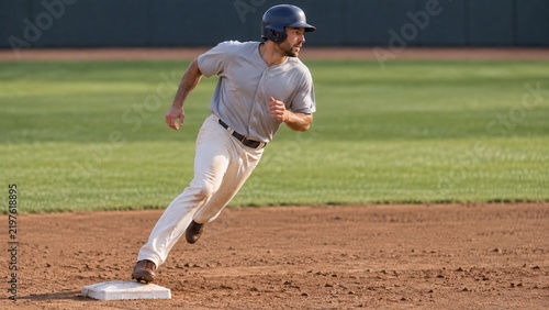 Baseball player in uniform running toward a base on a dirt field