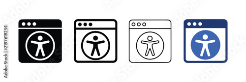 Accessibility icon set displaying web browser interface with human figure symbol in various styles for digital design