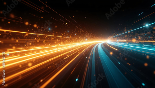 Futuristic glowing light trails, orange and cyan speed lines curving forward, floating particles, dark background, high-speed data transmission concept.