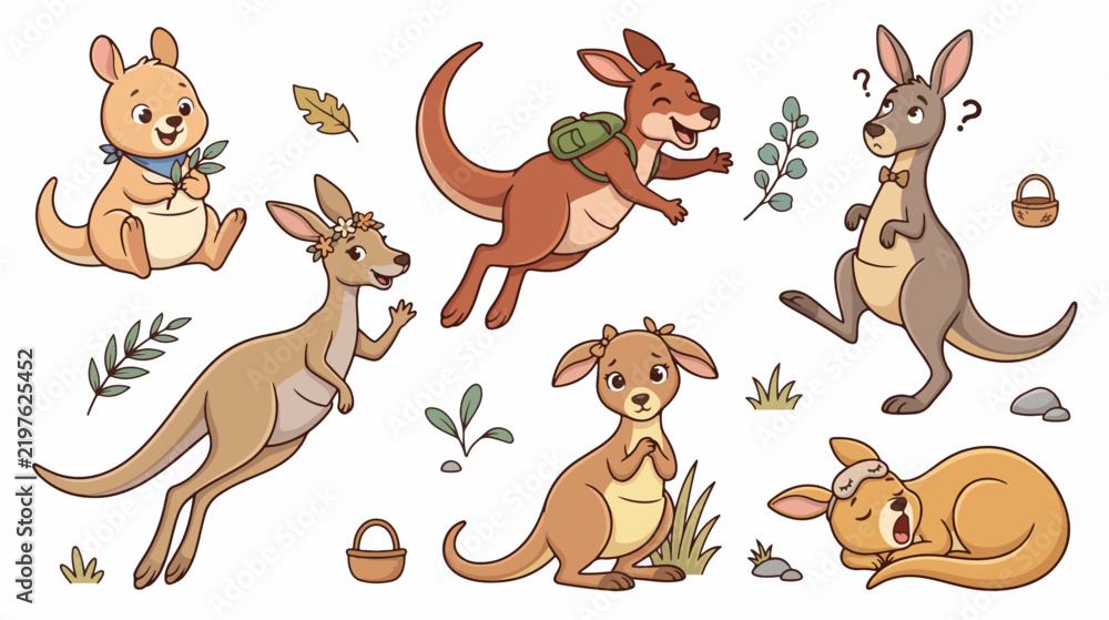 Obraz premium Cute Cartoon Kangaroos Collection in Playful Poses on White Background