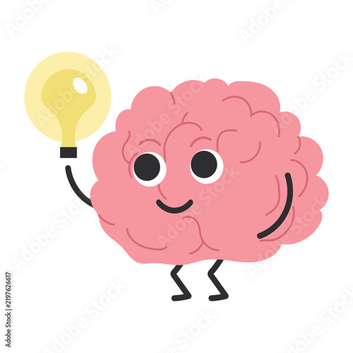 An idea in the mind. A cartoonish brain character holding a light bulb in its hands. Eureka, the birth of a thought.