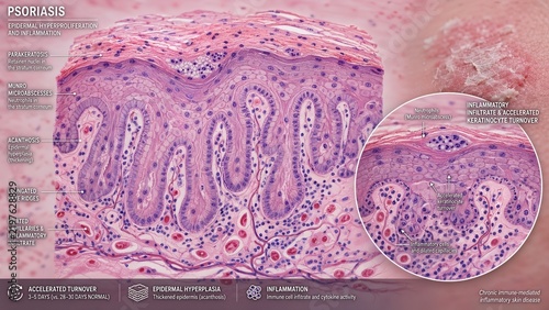 Microscopic view of skin biopsy with psoriasis displaying acanthosis, parakeratosis, and neutrophilic Munro microabscesses, complemented by a zoomed inset of inflammatory infiltrate