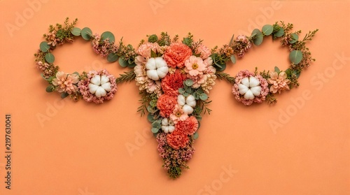 Female reproductive system shaped from flowers on pastel background