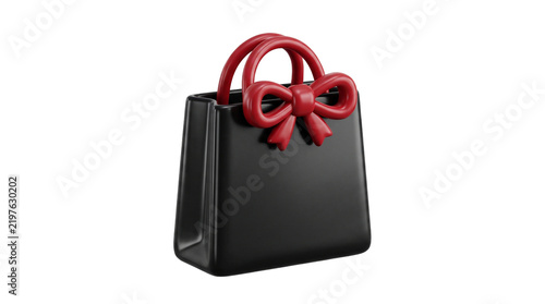 3D Cartoon Black Shopping Bag Red Bow Icon