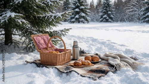 Picnic snowy forest there wicker basket red white checkered cloth left side next stainless steel thermos flask