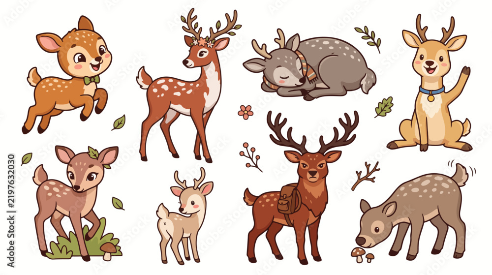 Obraz premium Cute Cartoon Deer Collection in Playful Poses on White Background