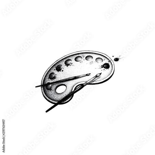 Paint palette with brushes artistic tools black and white stipple illustration art set.