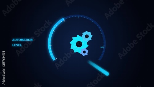 Futuristic Automation Level Gauge Animation with Spinning Blue Cogwheel Graphics and Digital HUD Interface Elements on a Dark Grid Background System