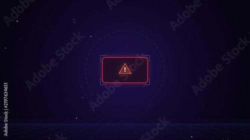 Futuristic Digital Warning Icon Animation with Glowing Neon Red Frame and Hazard Symbol on Dark Abstract Grid Background for Cybersecurity Concepts