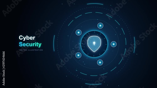 Cyber Security Vector Illustration Concept Featuring Glowing Shield Icon And Digital Scanning HUD Interface Animation On A Dark Background Tech Motion